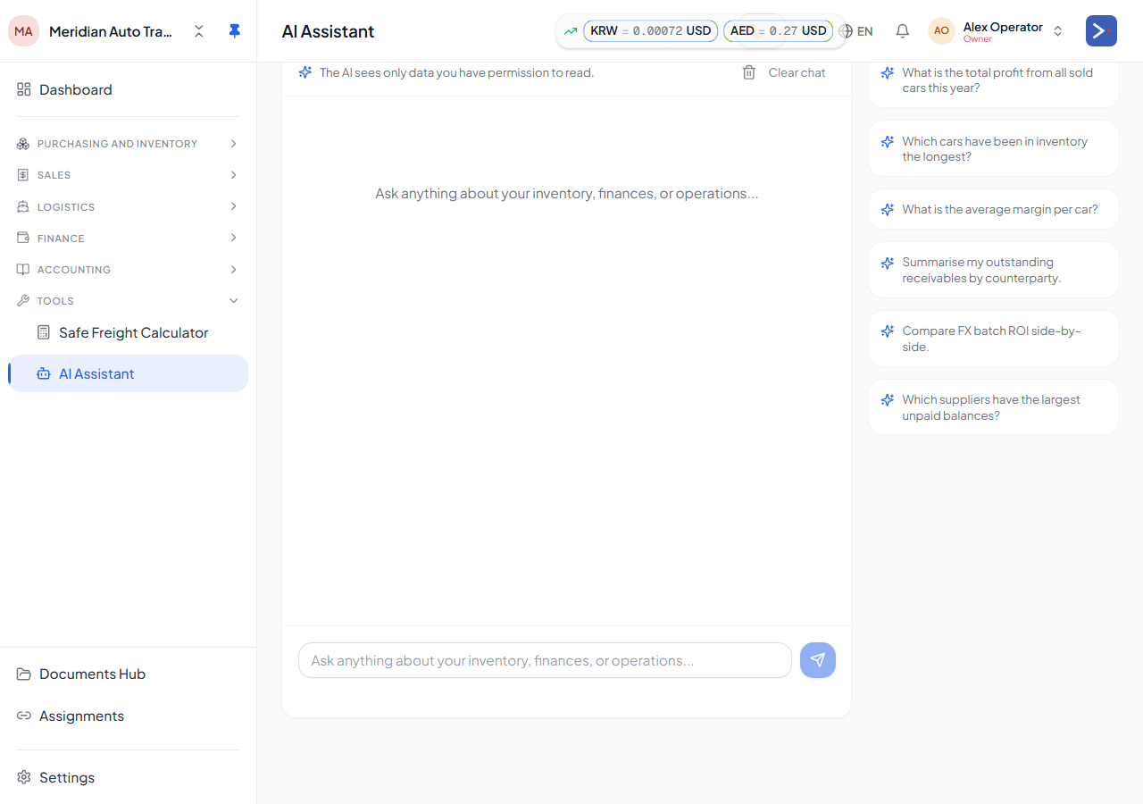 The AI Assistant — ask about your inventory, finances, or operations; suggested questions on the right.