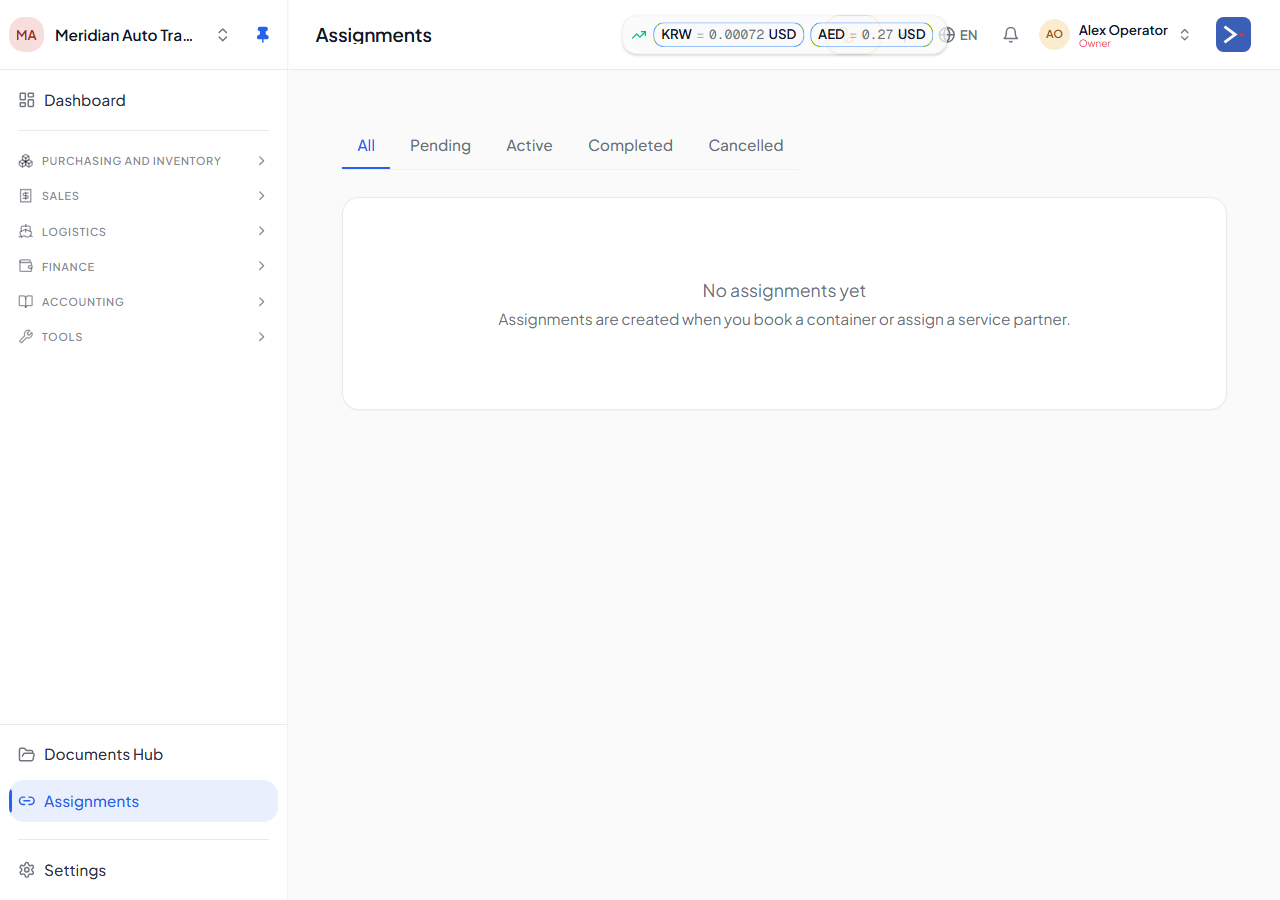 The Assignments page — cross-company tasks against a shipment or car, with a pending → active → completed lifecycle.