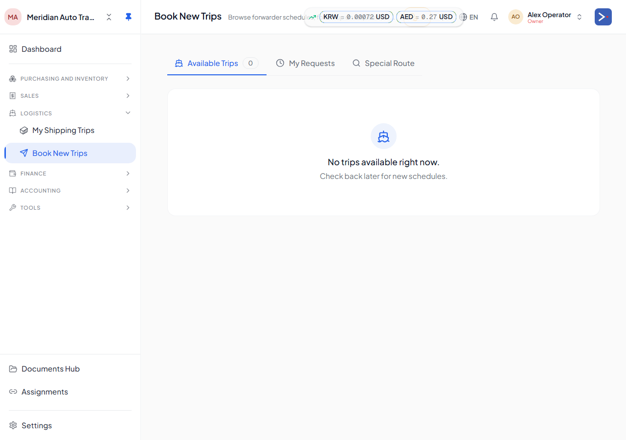 The Book New Trips page — browse forwarder schedules under Available Trips, track My Requests, or raise a Special Route.