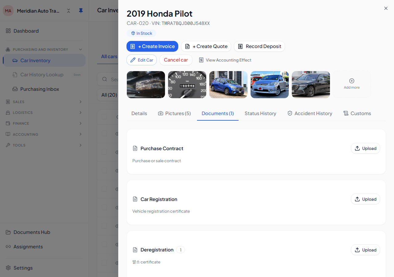 A car's detail — the Documents tab with the deregistration certificate attached.