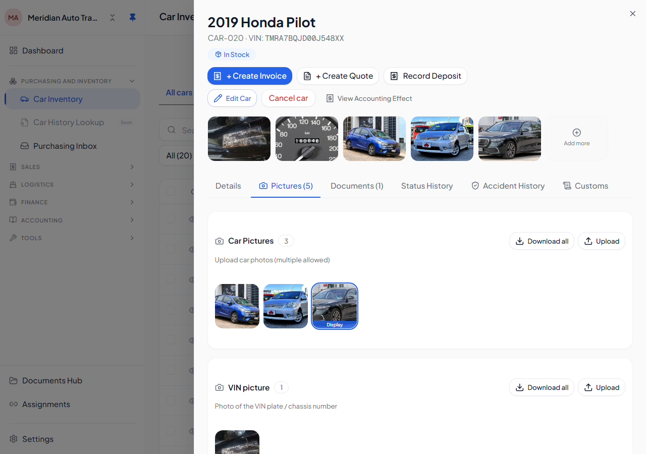 A car's detail — the Pictures tab showing car exterior photos, plus VIN and mileage images.