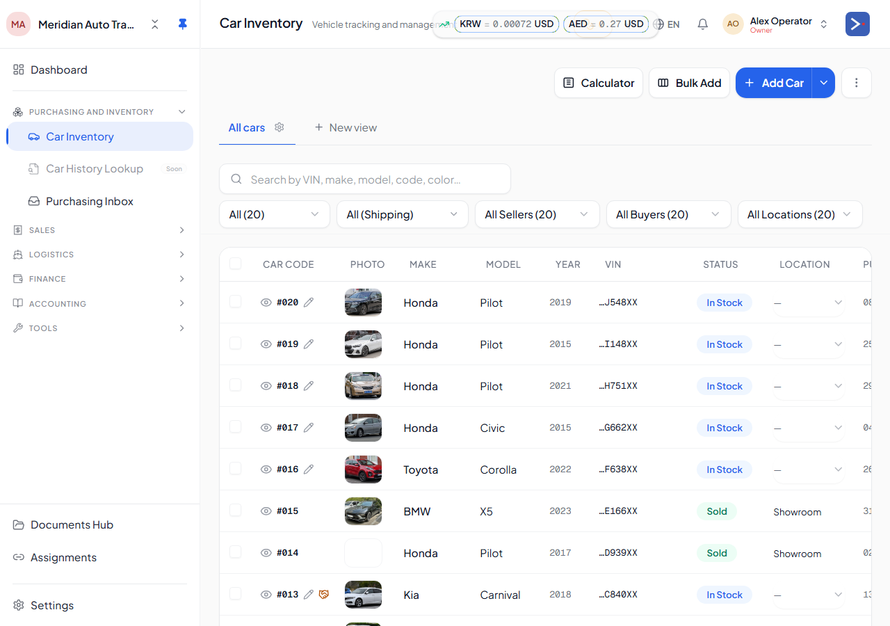 The Cars inventory page — every car in one filterable list, with photo thumbnails, make/model/year, VIN, status, and cost columns.
