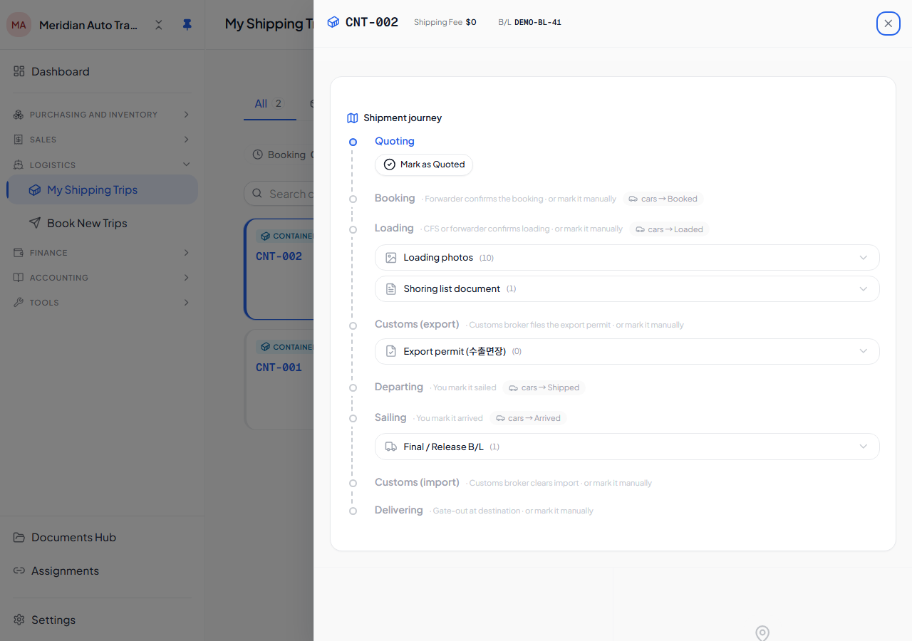 A container shipment journey — loading photos, Bill of Lading, and shoring list tracked through each stage.