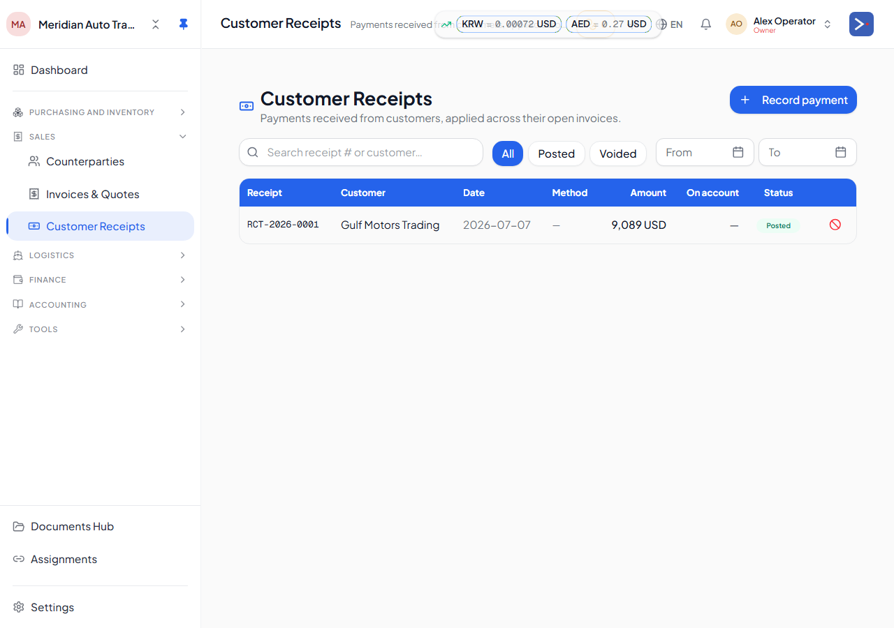 The Customer Receipts page — a recorded receipt from a customer, ready to allocate across their open invoices.