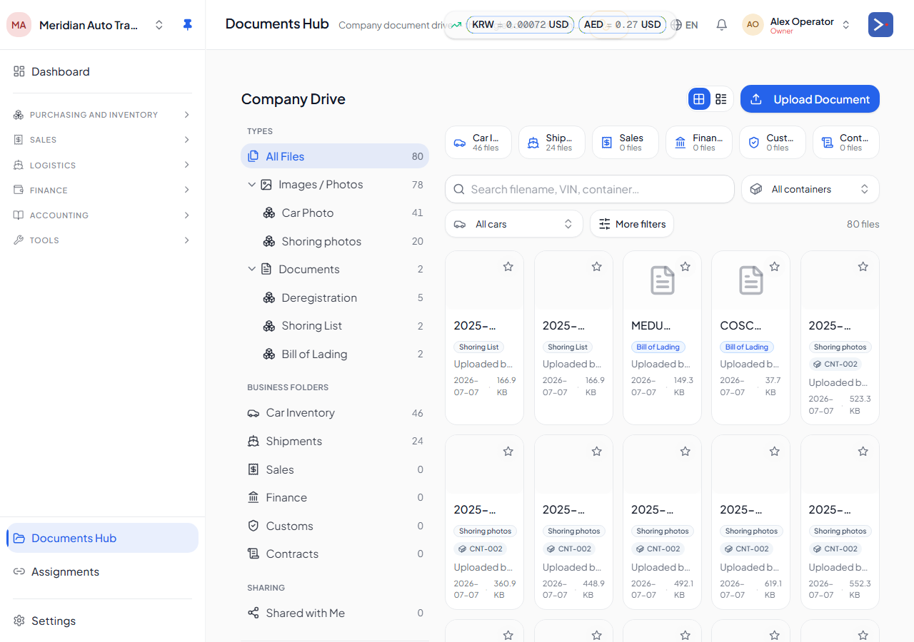 The Documents Hub — every file across cars, shipments and sales in one drive, grouped by type.