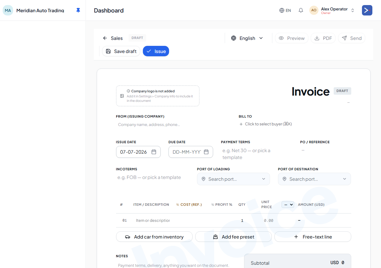 The invoice editor — buyer, line items, ports, and totals before issuing.