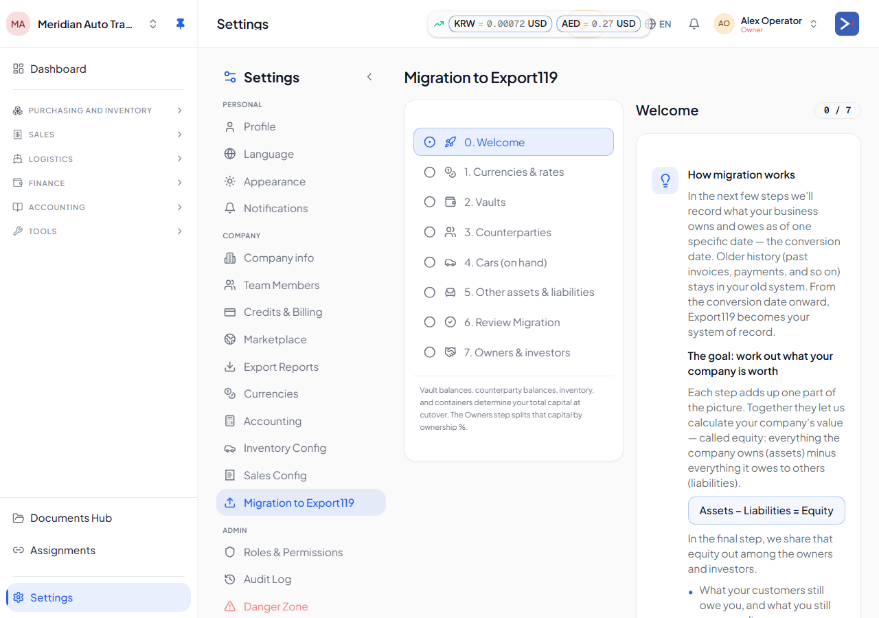 The Migration to Export119 wizard — the seven steps down the middle starting at Welcome, with a plain-language explainer on the right.