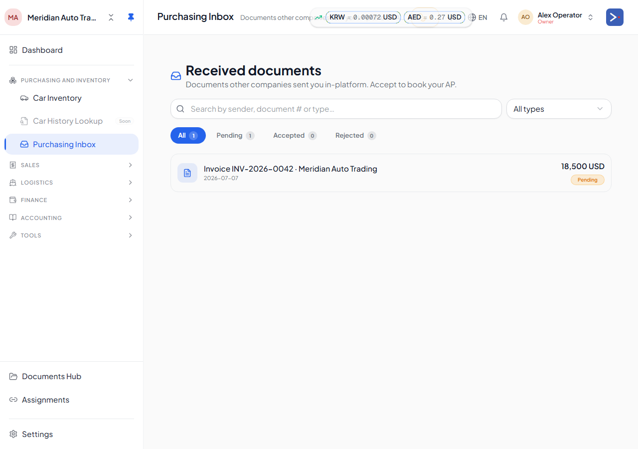 The Purchasing Inbox — documents another Export119 tenant sent you, pending your review.