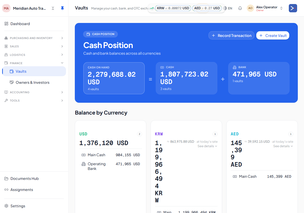 The Vaults page — the cash position across all currencies, with a per-currency breakdown.