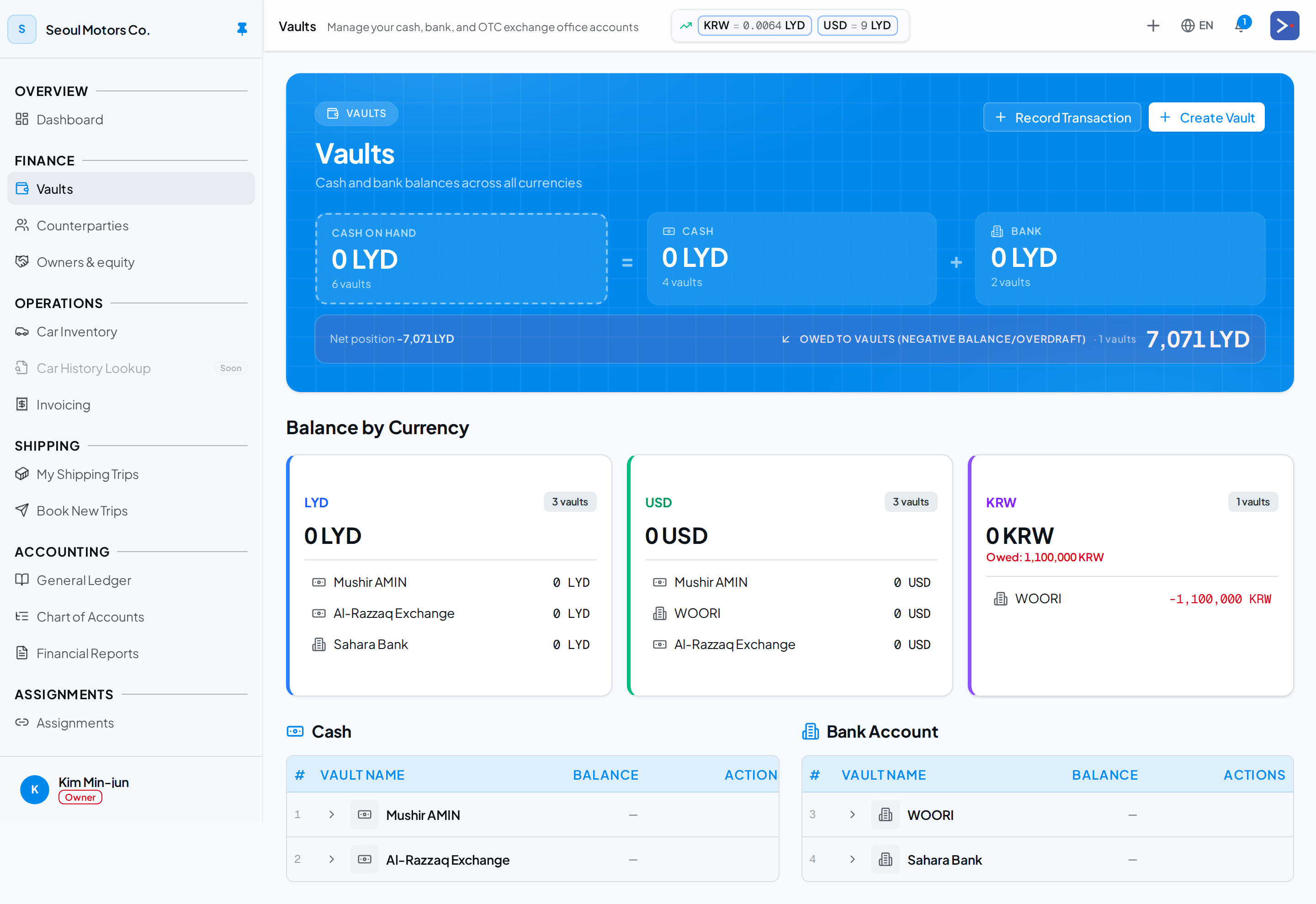 The Vaults hero showing Cash on hand, an Owed to vaults (overdraft) line, and Net position, with per-currency balance cards below.